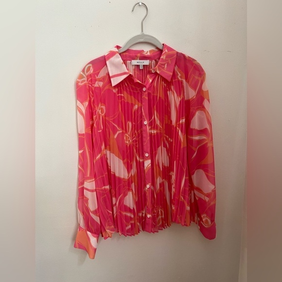 Milly Floral Pleated Blouse Pink Orange Small - Picture 4 of 9